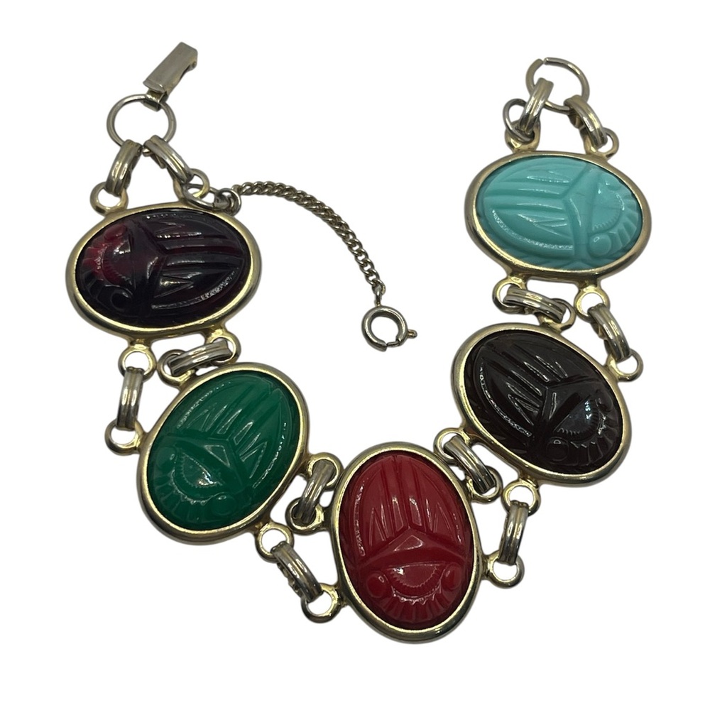Scarab beetle Egyptian revival carved colorful cabochon vintage bracelet gold